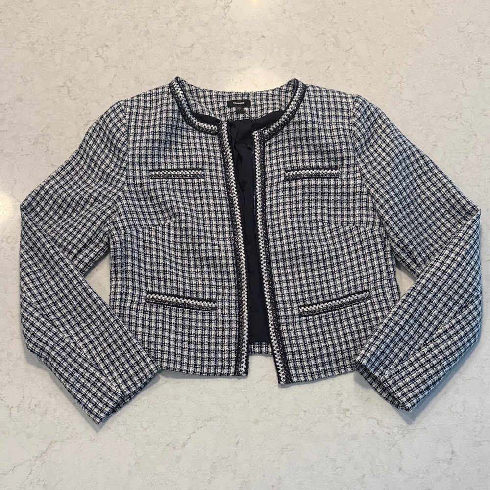 Chic Express Navy Blue and White Tweed Jacket Size Small